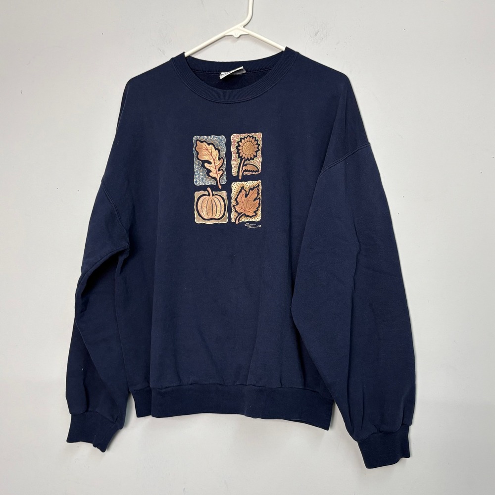 Vintage Endless Designs Navy Blue Fall Graphic Crewneck Sweatshirt Large USA